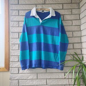 Vintage 80s 'Le Tigre' navy/turquoise striped long-sleeve rugby shirt men's XL